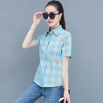 Women Blue Plaid Short Sleeve Shirt 2025 Spring