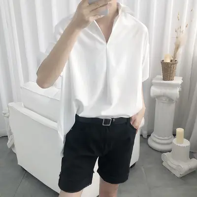 Men's Black Short Sleeve V-Neck Shirt with White Shorts