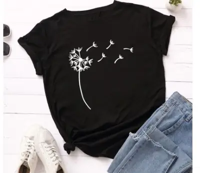 Black Dandelion Print T-Shirt Casual Wear