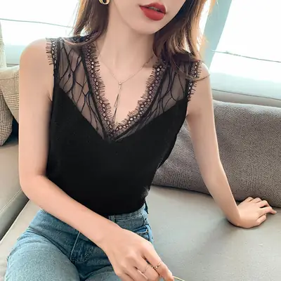 Black Hollow Lace V-Neck Camisole for Women