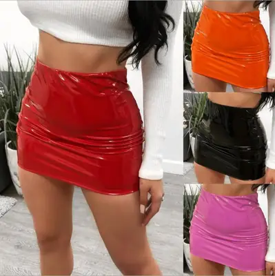 Bright Patent Leather Hip-Covering Skirt for Women