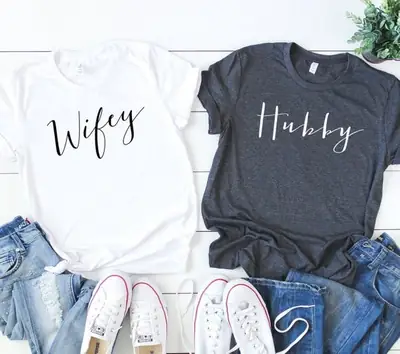 Wifey & hubby letter T-shirt set short sleeve cotton