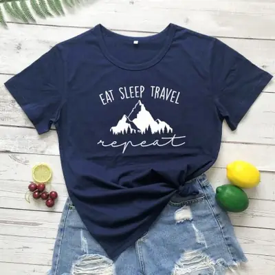 Eat Sleep Travel T-Shirt Navy Cotton Short Sleeve
