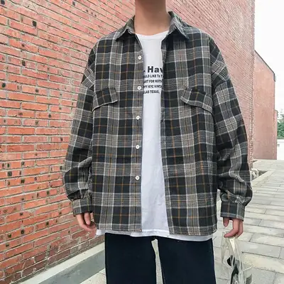 Men's Plaid Long Sleeve Shirt Hong Kong Style Loose Fit