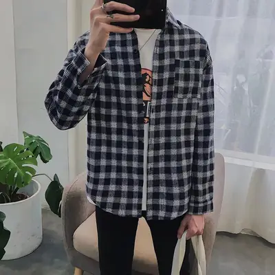 Men's Long Sleeve Plaid Shirt Slim Fit Summer Wear
