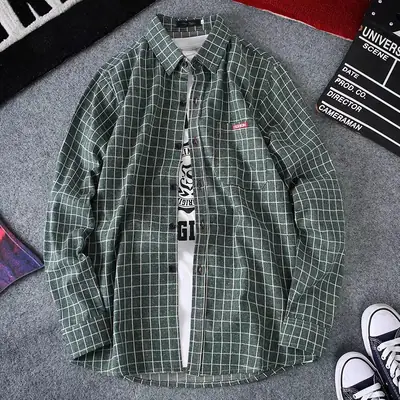 Men's Long Sleeve Plaid Shirt Korean Style