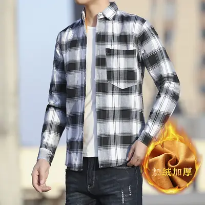 Men's Korean Style Plaid Shirt Long Sleeve Black White