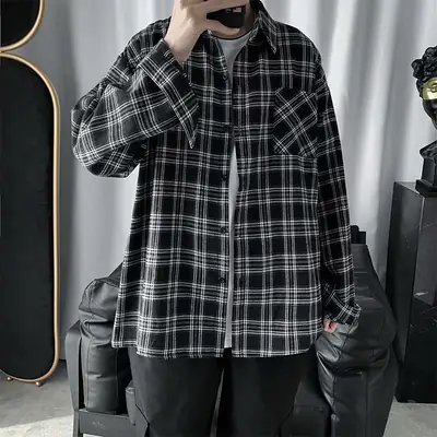 Men Plaid Long Sleeve Shirt Black White Loose Casual