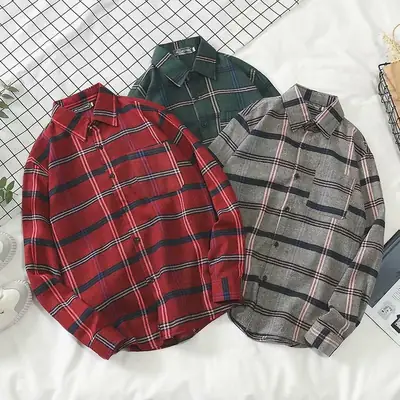 Men's Plaid Long Sleeve Shirt Korean Style Loose Fit