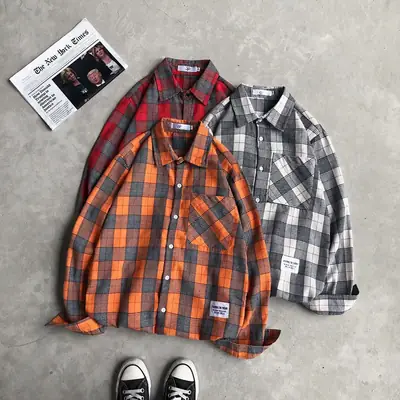 Japanese Plaid Long Sleeve Shirt Men Women Loose Fit Orange Black