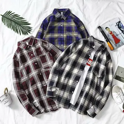 Men Plaid Long Sleeve Shirt Blue Red Gray Large