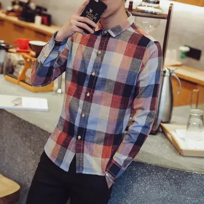 Men's Slim Fit Plaid Shirt Long Sleeve Spring Autumn