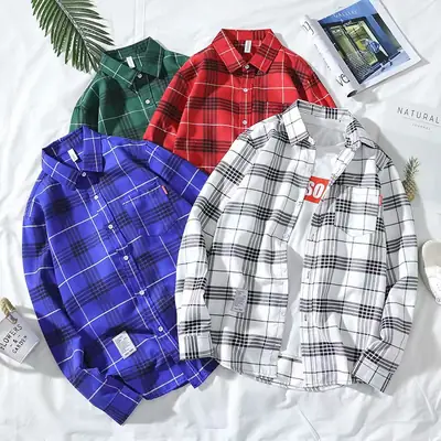 Men Plaid Long Sleeve Shirt Casual Korean Style