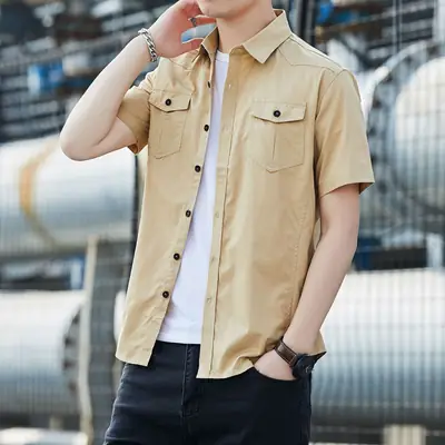 Men Short Sleeve Cotton Shirt Green Military Style Casual