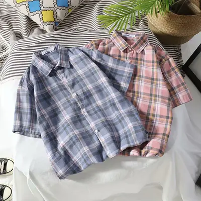 Men's Blue Plaid Short Sleeve Shirt Korean Style Loose Fit