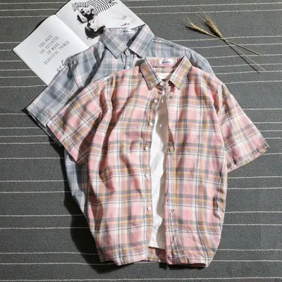 Men's Plaid Short Sleeve Shirt Hong Kong Style