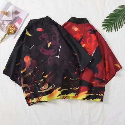 Japanese Style Men's Black Printed Kimono Coat Seven Sleeve