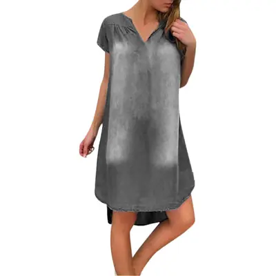 Blue V-Neck Denim Casual Dress for Women Plus Size