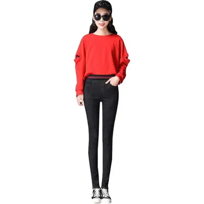 Red Long Sleeve Top with Black Slimming Leggings Set