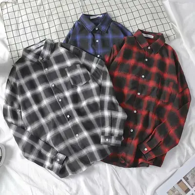 Men's Black Plaid Loose Fit Shirt Hong Kong Style