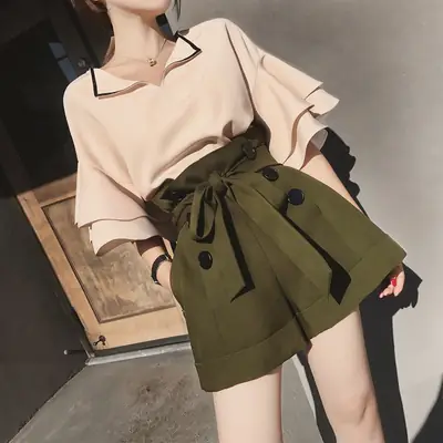 2020 Summer Korean Fashion Brown Tie-Waist Shorts Set