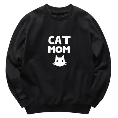 Cat Mom Printed Crewneck Sweatshirt Black