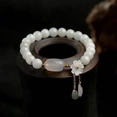Natural Jadeite Bracelet with Flower & Pearl Drop 14K Gold