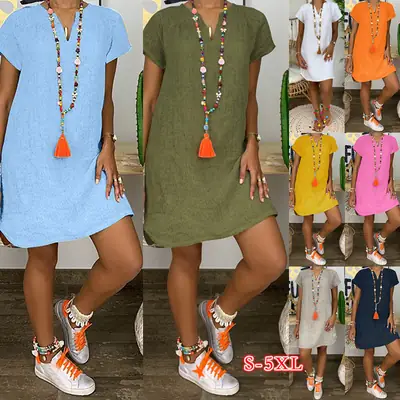 Women Cotton Linen Short Sleeve Dress Navy Blue 2024