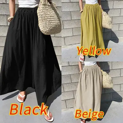 Oversized Wide Leg Pants Black Yellow Beige Cotton Linen