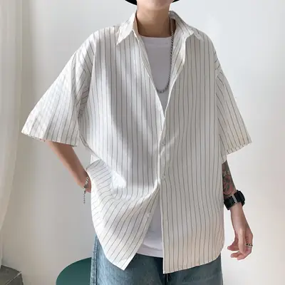 Men Striped Half Sleeve Shirt Hong Kong Style Loose Fit
