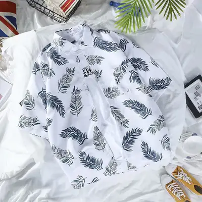 Men's Hawaiian Printed Shirt Blue Tropical Loose Fit