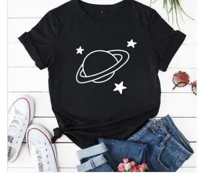 Black Space Planet Graphic T-Shirt Short Sleeve
