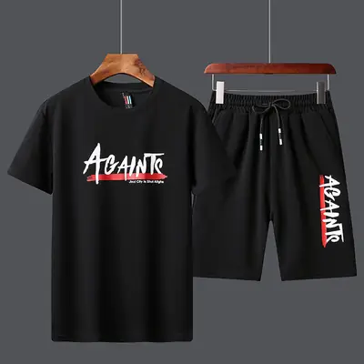 Men Korean Summer Suit Red Black Shorts Set