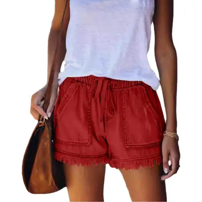 Women Denim Shorts Elastic Waist Tassel Casual Slim Fit