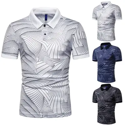 Men Wave Print Polo T-Shirt Blue Short Sleeve
