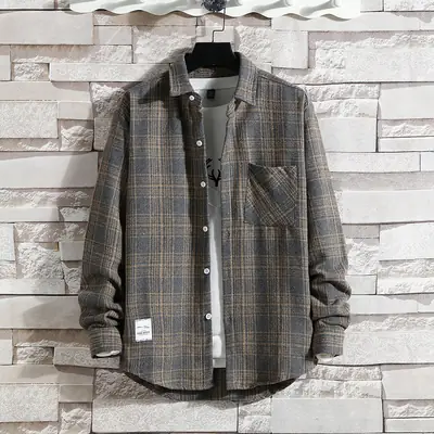 Men's Plaid Woolen Long Sleeve Shirt Red Brown