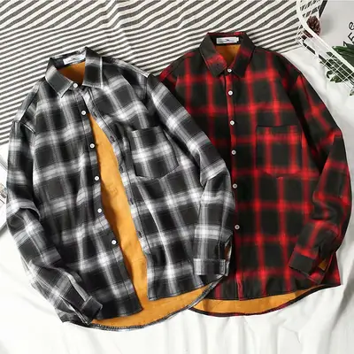Long-sleeved Plaid Fleece Shirt for Men Women
