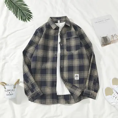 Hong Kong style plaid shirt coat for men long sleeve youth casual