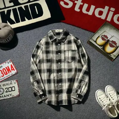 Men's Plaid Long Sleeve Shirt Black White Summer