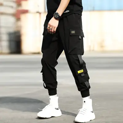 Men Black Hip-hop Leggings Casual Pants with Cargo Pockets