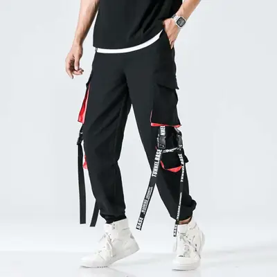 Men's Black Korean Style Ankle Pants with Red Accents