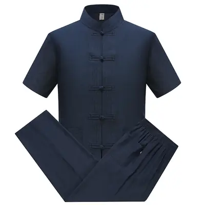 Middle-aged Men Navy Blue Tang Suit Cotton Linen Loose Short Sleeve