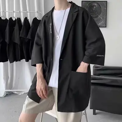 Men's Black Hong Kong Style Loose Suit with 7-Sleeve Shirt