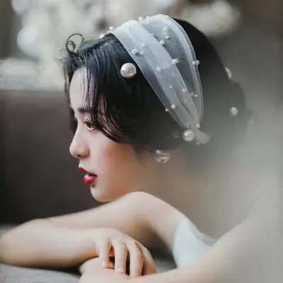 Pearl Beaded Veil Headband for Bridal Wedding Short Hair