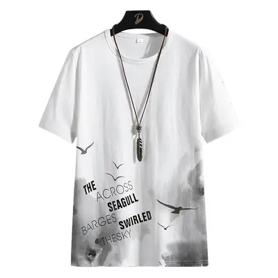 Men Korean Style White T-Shirt Round Neck Summer Loose Fit