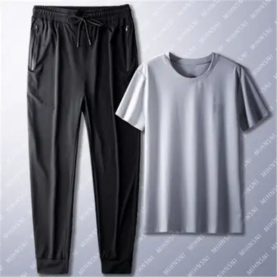 Summer sportswear casual suit men's slim-fit Ice Silk short-sleeved T-shirt thin plus size 5XL quick-drying men's cropped pants