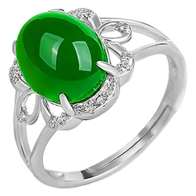 Green Jade Egg Face Ring with Crystal Accents