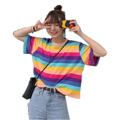 Rainbow Striped Women T-Shirt 2025 Summer Loose Fit