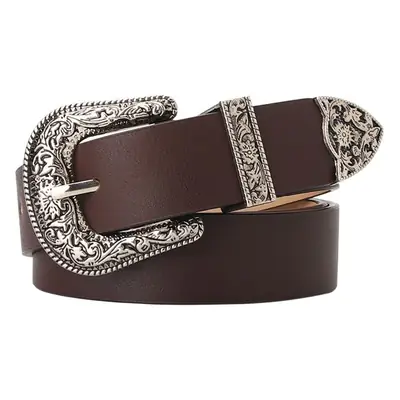 Women's Black Carved Belt with Retro Pin Buckle