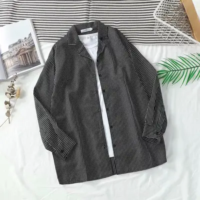 Men Long Sleeve Striped Shirt Black Korean Style